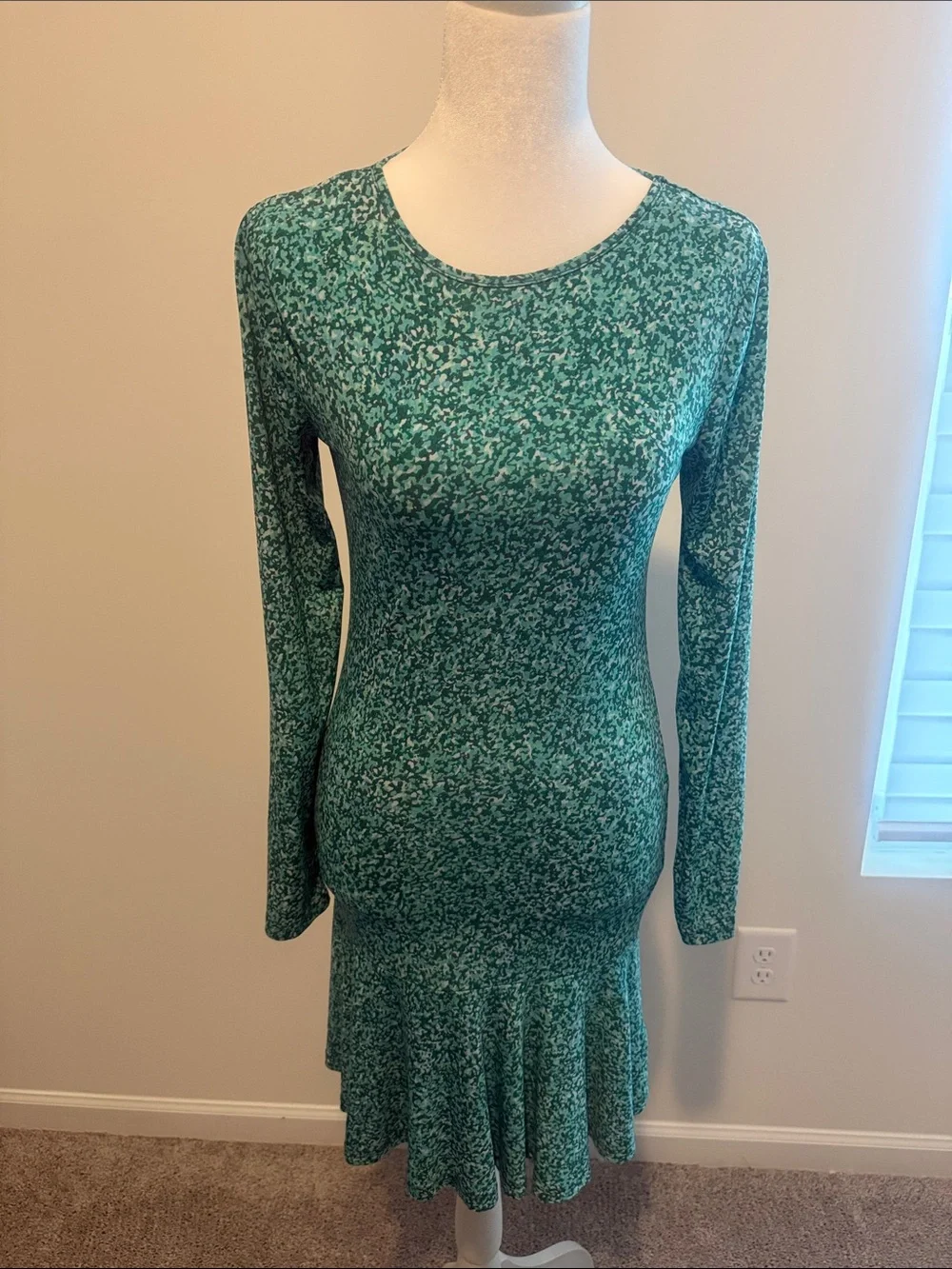 Michael Kors Green Printed Long-Sleeve Ruffle-Hem Dress
